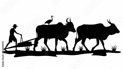 Silhouette of farmer plowing field with oxen and bird in rural scene with grass and white background | eps vectors