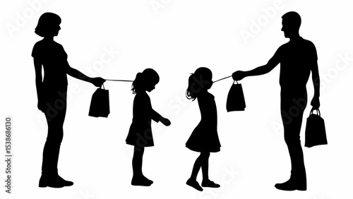Silhouette of a family with two children holding shopping bags connected by strings to their parents | eps vectors
