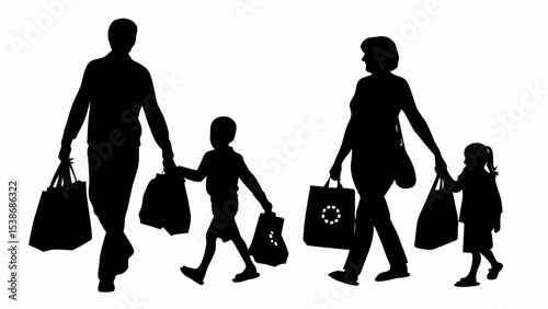 Silhouette of family shopping with bags including mother father son and daughter walking together happily | eps vectors