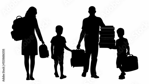 Silhouette of a family with two parents and two children carrying luggage and books on a white background | eps vectors