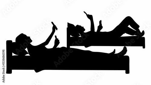 Two silhouettes of people lying in beds and using their phones in a dark and contrasting black and white scene | eps vectors