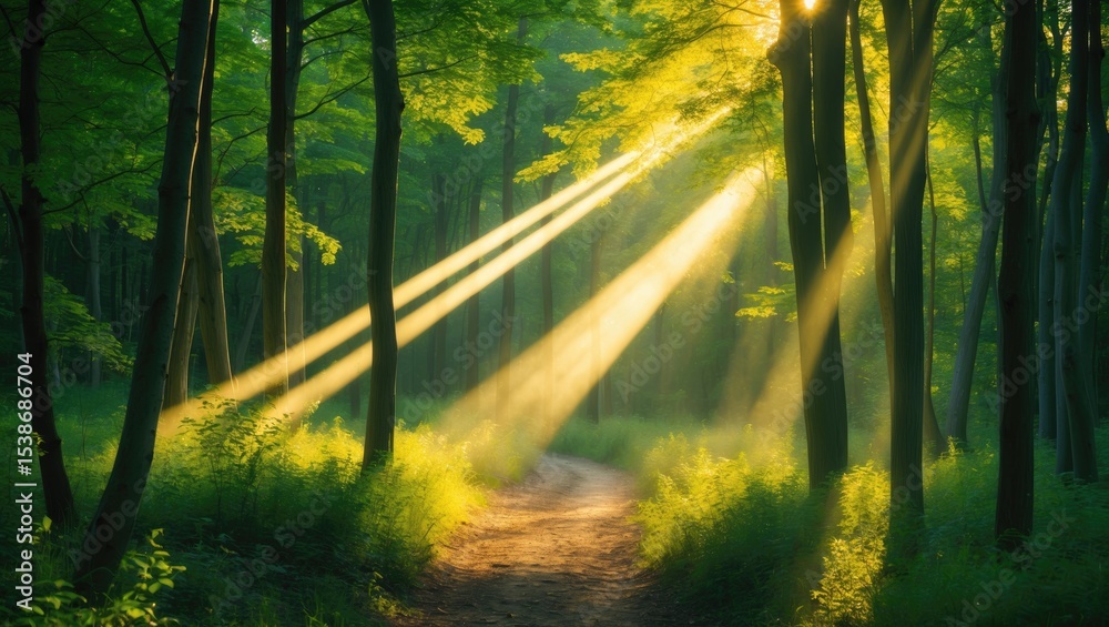 Fototapeta premium Beams of sunlight pierce through tall leafy trees, creating a mesmerizing scene in tranquil misty woodland. A gentle mist remains in the air, amplifying the serenity and peace of the forest nature.