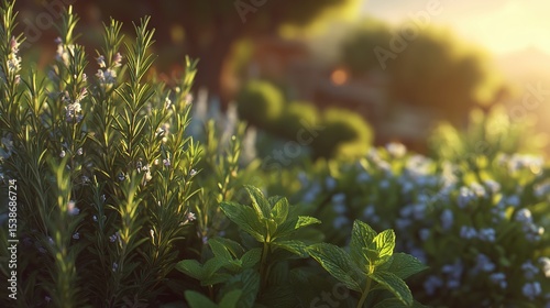 夕日に照らされる庭のフレッシュなハーブ（ローズマリーとミント） | Fresh Garden Herbs (Rosemary and Mint) in Evening Sunlight
