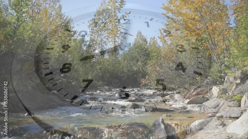 On overlay start, analog clock face rotating hands over flowing stream visualizing time passage