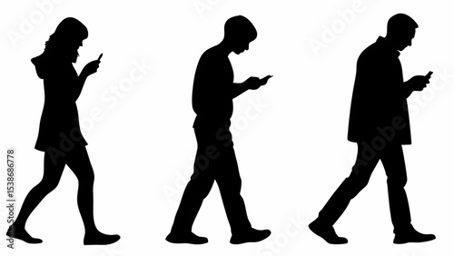 Silhouettes of three people walking while looking at their cell phones in a black and white composition | eps vectors