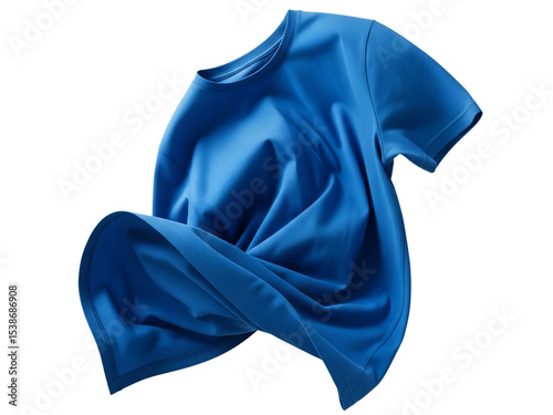Blue T-Shirt Flying in Air Transparent Background Apparel and Motion Concept