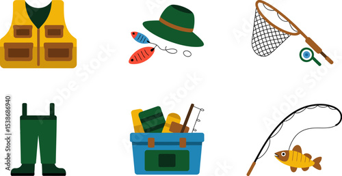 Fishing gear and equipment vector illustration for outdoor recreation and sport fishing activities editable stock vector illustration