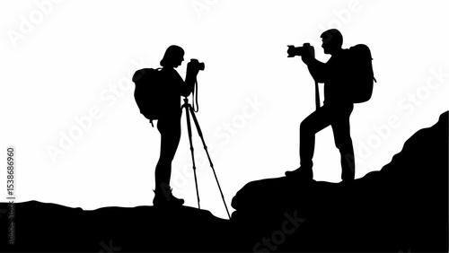 Silhouette of two photographers with backpacks taking pictures in a mountainous landscape setting outdoors | eps vectors