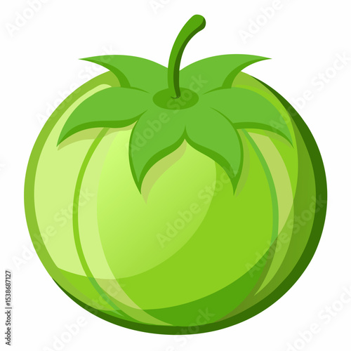 Illustration of a fresh unripe green tomato with a stem and leaves isolated on a white background perfect for food related designs and educational materials