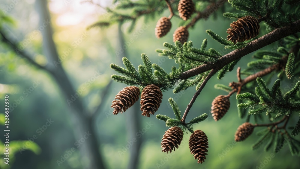 Obraz premium Young pine branches for pine syrup with blurred birch background