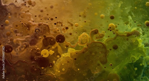 Abstract macro image of colorful liquid with bubbles and organic shapes in motion