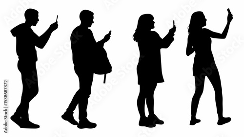 Silhouettes of four people using mobile phones in various poses against a white background scene | eps vectors