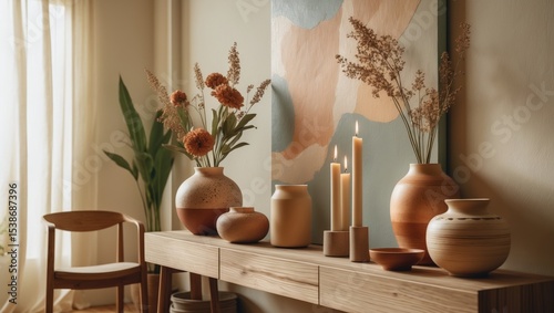 A boho console table decorated with earthy-toned decor items, such as candles and a ceramic vase. The abstract mock-up wall art introduces a hint of sophistication to this stylish space.
