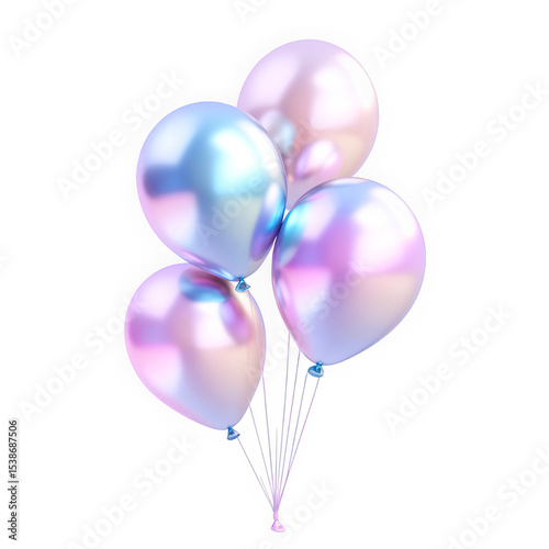 3D holographic balloons with molten chrome texture. Y2K pastel shine, glossy metallic reflections, abstract fluid shape, isolated.