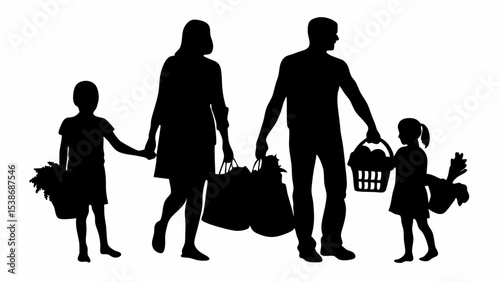 Silhouette of a family walking with shopping bags and baskets after shopping on a white background | eps vectors