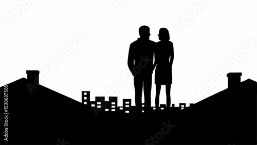 Silhouette of couple standing on rooftops overlooking city skyline in black and white illustration style | eps vectors