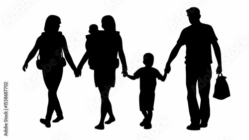 Silhouette of a family with two adults and two children holding hands walking together in harmony outdoors | eps vectors