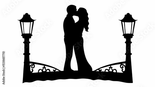 Silhouette of a couple kissing between ornate street lamps on a decorative bridge railing design | eps vectors