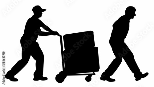 Silhouette of two men transporting boxes using a hand truck on a white background image scene view | eps vectors