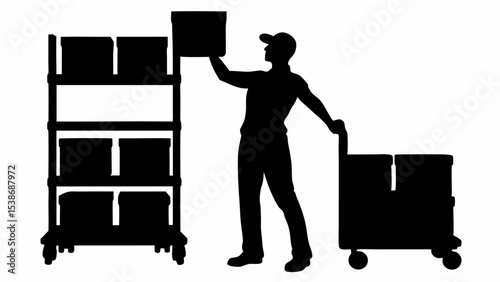 Silhouette of worker placing box on shelving unit next to cart filled with boxes in warehouse area | eps vectors