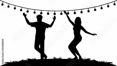 Silhouette of a man and woman hanging string lights on a dark background with grass at the bottom edge | eps vectors