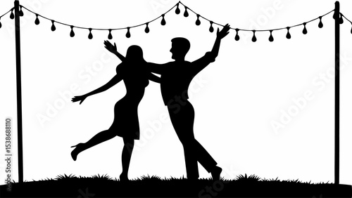 Silhouette of a couple dancing under string lights in a festive outdoor celebration scene design | eps vectors