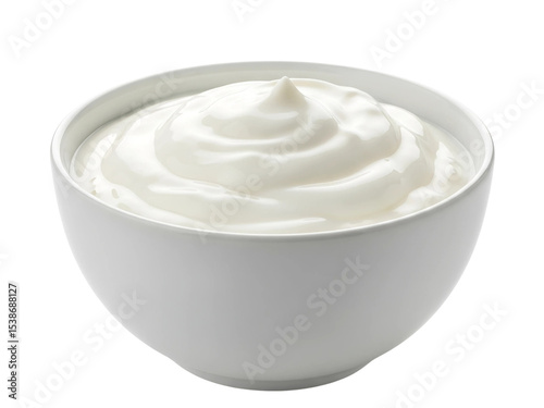 Sour Cream Yogurt in White Bowl Transparent Background Dairy Food and Healthy Snack Concept