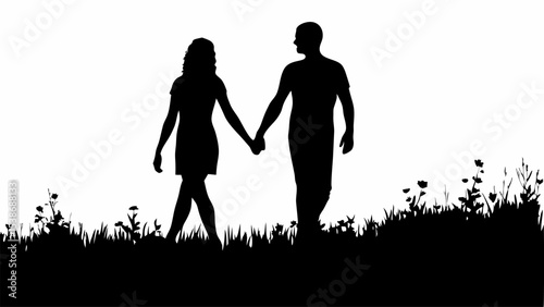 Silhouette of a couple holding hands walking through a field of grass and flowers on a white background | eps vectors