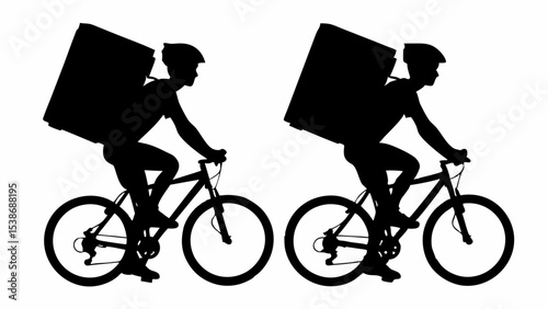 Two delivery cyclists with large boxes on their backs in silhouette against a white background image here | eps vectors