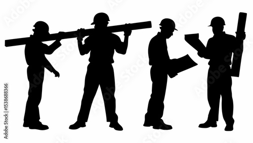 Silhouette of four construction workers in various poses carrying materials and blueprints shown | eps vectors