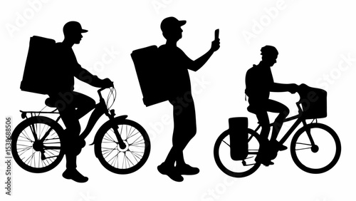 Three delivery persons on bicycles with boxes in silhouette against a white background are shown here | eps vectors