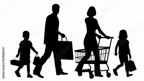 Silhouette of family shopping with cart and bags representing consumerism and family activities | eps vectors