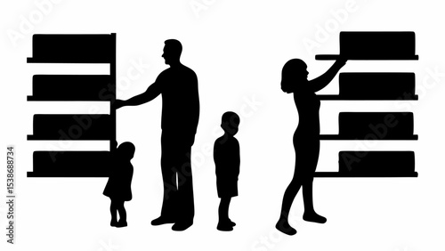 Silhouettes of a family with two children near shelves in a store or library setting with books 100 | eps vectors
