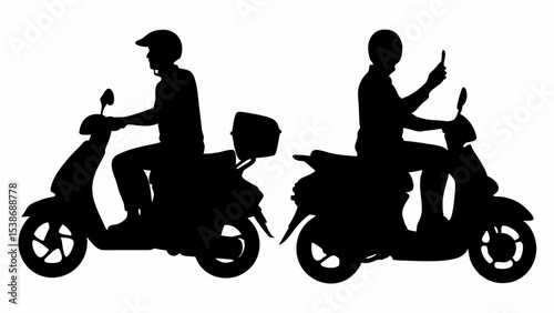 Silhouette depiction of two individuals riding scooters one using a phone and one with a carrier box attached | eps vectors