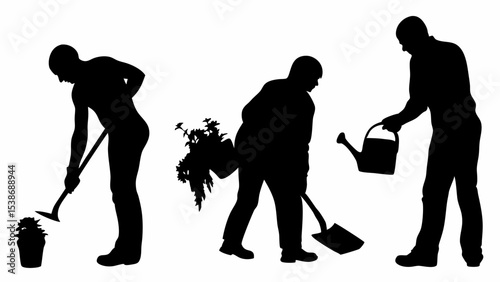 Silhouettes of three gardeners tending to plants with a hoe shovel and watering can in a garden | eps vectors