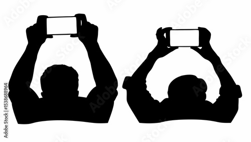 Two people in silhouette holding up their phones to take pictures or videos in a bright setting | eps vectors