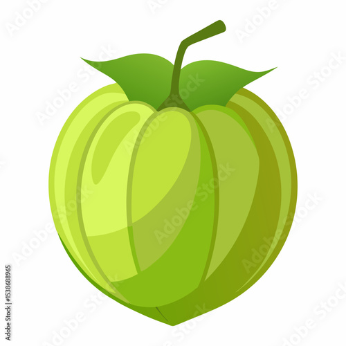 Illustration of a green apple with leaves and stem isolated on white background Perfect for designs related to healthy eating fruit and vegetarianism or children