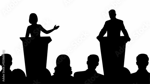 Silhouette of two speakers on podiums addressing an audience in black and white illustration style | eps vectors