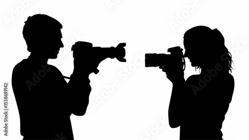 Silhouetted man and woman holding cameras facing each other in a white background photograph studio scene | eps vectors