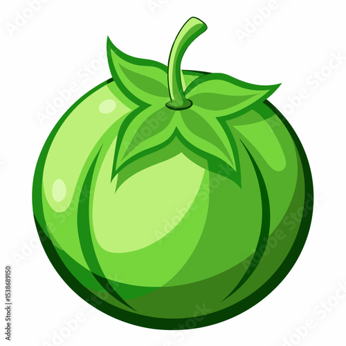 Cartoon illustration of a green unripe tomato with leaves and stem isolated on white background healthy food vegetable ingredient cooking fresh produce