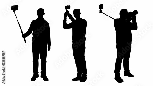 Three silhouettes of people taking photos with selfie sticks and camera in black and white art | eps vectors