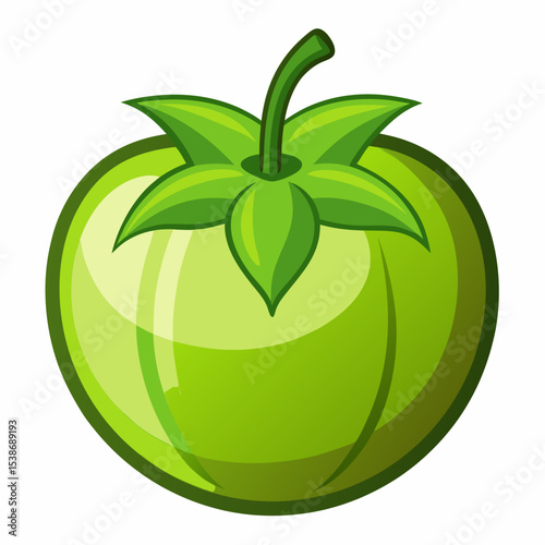 Illustration of a green tomato with a glossy surface and a stem with leaves isolated on a white background perfect for food related designs and