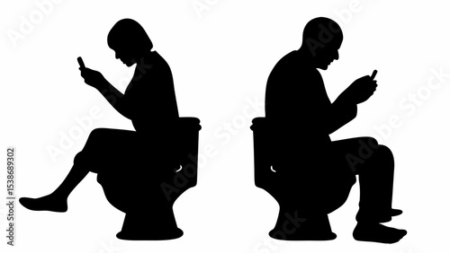 Silhouettes of two people seated on toilets looking at phones in a black and white digital illustration | eps vectors