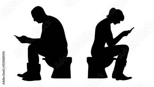 Silhouettes of man and woman sitting on toilets looking at phones with white background isolation and black color | eps vectors
