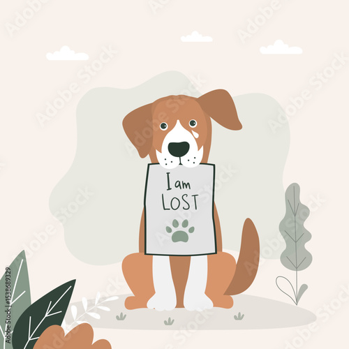 I'm lost - cute dog holds placard. Banner or poster about pet missing. Animal care, adoption. Help homeless animals find home concept. Lonely puppy waiting for an owner.