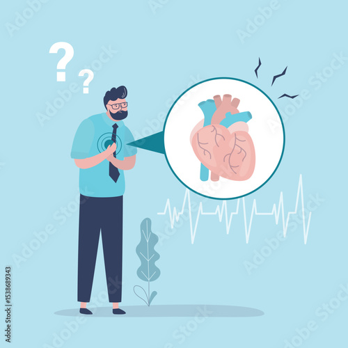 Young man with strong heart attack. Sick man having heart attack or heart pain. Male character holding hands on chest. Medical concept, healthcare