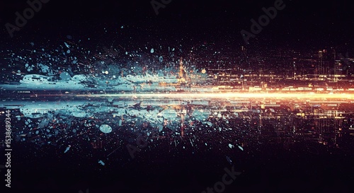 Abstract night city landscape with splatters and reflections, modern art design