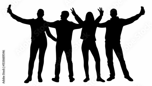 Silhouette of four friends posing together with arms raised and taking a selfie on a white background | eps vectors