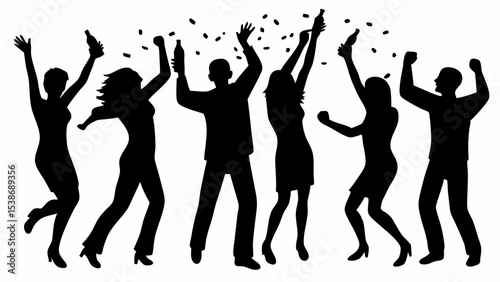 Silhouette of six people dancing and celebrating with confetti and bottles in their hands at a party | eps vectors