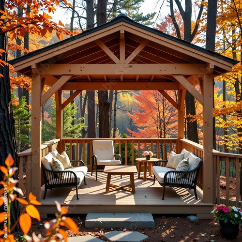 Outdoor wooden gazebo with beige lounge chair and coffee table, autumn forest backdrop; relaxation, garden furniture